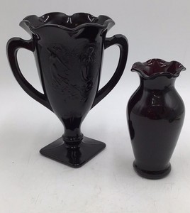 Vintage Black Amethyst Glass Vase Set Hand-Painted Fairy Motif Scalloped Rim & Bud Vase