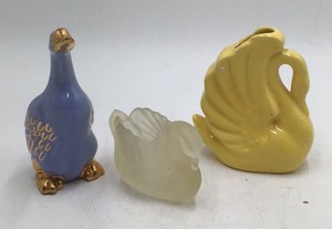 Vintage Miniature Ceramic Bird & Swan Planters Blue Goose Gold Accents Frosted Glass Swan Yellow Shell Swan