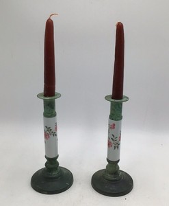 Vintage Painted Metal Candlesticks Green Patina Floral Porcelain Sleeves Pair