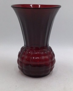 Vintage Ruby Red Glass Vase Flared Scalloped Rim Hobnail Base Depression Style