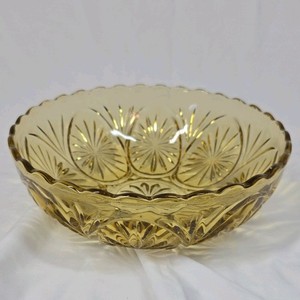 Vintage Amber Depression Glass Bowl Scalloped Rim Starburst & Fan Cut Pattern