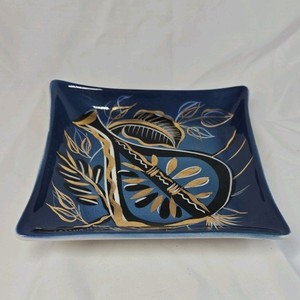 Vintage Sascha Brastoff California Mid-Century Modern Blue Gold Abstract Floral Dish Signed