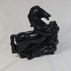 Vintage Black Ceramic Rearing Horse Planter Glossy Glaze Open Back Novelty
