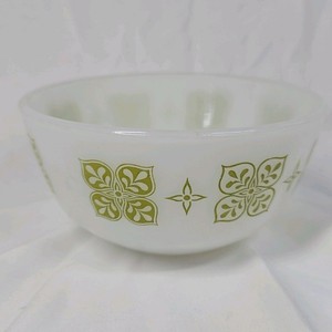 Vintage Fire-King Milk Glass Mixing Bowl Green Clover Flower Pattern