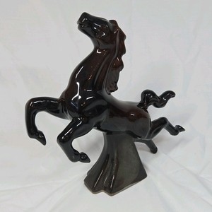 Vintage Black Glossy Ceramic Rearing Stallion Horse Planter Open Cavity Novelty