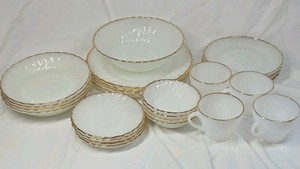 Vintage Fire-King Milk Glass Dinnerware Set Gold Trim Scalloped Edges