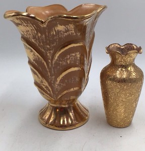 Vintage Gold Luster Ceramic Vase  Brown with Floral Design (Haviland Co. Marked)