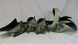 Vintage Hull Woodland Pottery Console Bowl, Basket & Vases