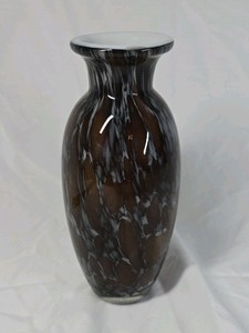 Vintage Art Glass Vase  Brown with White Swirl Marbled Design