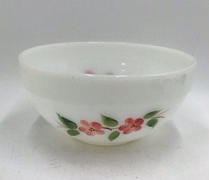 Vintage Fire-King Milk Glass Bowl  Pink Flowers with Green Leaves