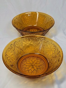 Vintage Amber Depression Glass Bowls  Embossed Floral Design