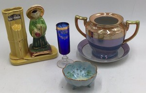 Vintage Ceramic Lot  Souvenir Bamboo Vase, Chinese Boy Figurine, Blue Cordial, Lusterware Sugar Bowl & Saucer, Footed Porcelain Bowl