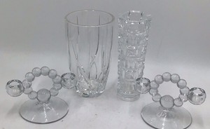 Vintage Crystal Glass Lot  Tall Vase, Bobble Bead Candlesticks & Fluted Vase