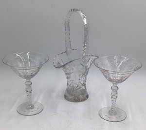 Vintage Crystal Glass Basket & Pair of Compotes  Floral Etched Design