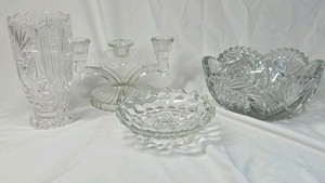 Vintage Crystal Glass Lot  Etched Vase, Candelabra, & Floral Bowls