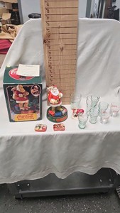 Coca Cola Clock, Shotglasses, Santa Musical Bank wbox