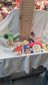 Vintage Tin Lith Bucket and Watering Can-Rubber Toys