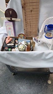 Collectibles, shell wallet purse, cups, doll chair and misc