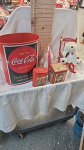 Coca Cola Bear in Rocker and Coke Wastebasket