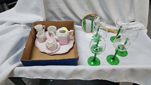 Tea Set and Green Stemmed Glasses
