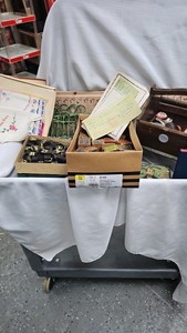 Vintage Wood Blocks, Sewing Box, Handkerchiefs, etc
