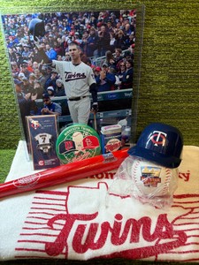 Minnesota Twins Memorabilia Package 2010 Inaugural Season Mini Louisville Slugger, 2014 ALL-STAR Game Ball, Chewing Gum Tin Holder(2004), 2020 Towel Homer Hankie, & Joe Mauer Pin and Photo, & mini Helmet