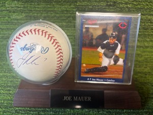 Joe Mauer #7 Autographed Baseball in Stand with Minnesota Crime Prevention Baseball Card, Minnesota Twins Legend 