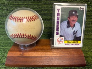 Billy Martin New York Yankees Manager Autographed Baseball in Stand with Card -Autographed very faded- Neat Piece