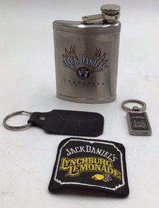 Vintage Jack Daniels Flask with Keychains and Patch  Old No. 7 and Lynchburg Lemonade