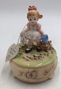 Vintage Josef Musical Figurine  Girl with Lunchbox and Dog