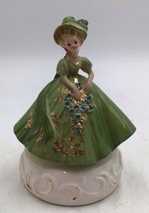 Vintage Josef Musical Figurine  Girl in Green Dress