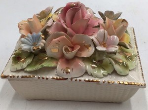 Vintage Ceramic Floral Trinket Box  Raised Roses and Flowers