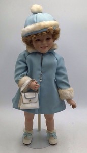 Vintage Shirley Temple Porcelain Doll  Toddler in Blue Winter Coat