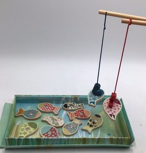 Vintage Magnetic Fishing Game  Colorful Patterned Fish with Poles in Box