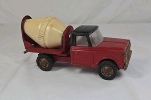 Vintage Red Cement Mixer Truck  Metal Cab with Cream Drum and Black Tires