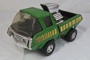 Vintage Tonka Custom Pick-Up Truck  Green Metal with Exposed Chrome Engine and Yellow Stripes