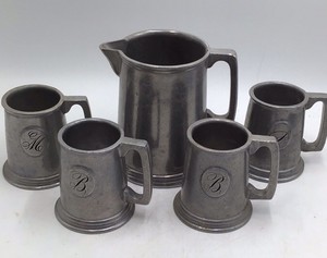 Vintage Wilton Pewter Monogrammed Beer Set  Pitcher and Four Mugs with Initials