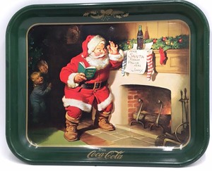 Vintage Coca-Cola Santa Tray  Green Metal with Fireplace Scene