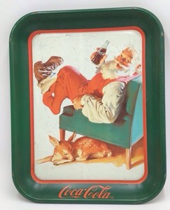 Vintage Coca-Cola Santa with Deer Tray  Green Metal with 1959 Sundblom Illustration