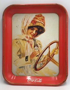 Vintage Coca-Cola Serving Tray  Red Metal with Woman Driving Scene