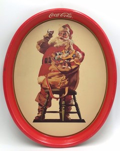 Vintage Coca-Cola Santa Tray  Red Metal Oval with Santa Holding Coke & Toys