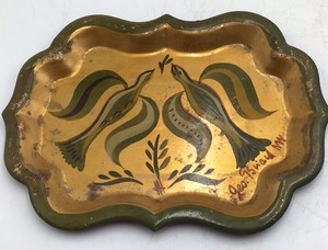 Vintage Hand-Painted Folk Art Tray  Birds in Green and Gold Design Signed Geo. Biad