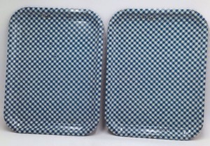 Vintage Blue Gingham Check Metal Serving Trays  Pair of Rectangular Trays