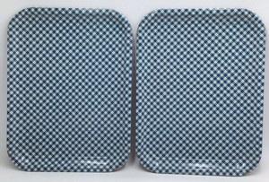 Vintage Blue Gingham Check Metal Serving Trays  Pair of Rectangular Trays