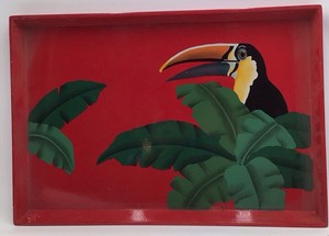 Vintage Tropical Toucan Serving Tray  Red with Painted Bird and Leaves