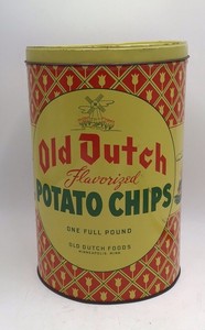 Vintage Old Dutch Flavored Potato Chips Tin  Minneapolis Red & Yellow with Tulip Pattern