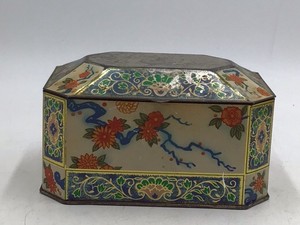 Vintage English Octagonal Biscuit Tin  Metal Box Company Floral Chinoiserie Design