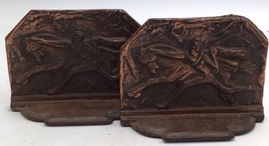 Vintage Cast Iron Horse Tamer Bookends  Bronze Finish with Relief Design
