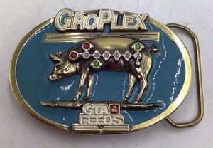 Vintage 1987 GTA Groplex Swine Feeds Limited Edition Belt Buckle  Pig with Nutrient Markers