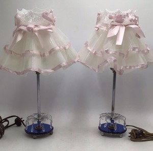 Vintage Pair of Blue Glass Base Table Lamps  Crystal Drops and Net Shades